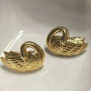 Vintage Graceful Swan Pierced Earrings, surgical steel posts, gold toned